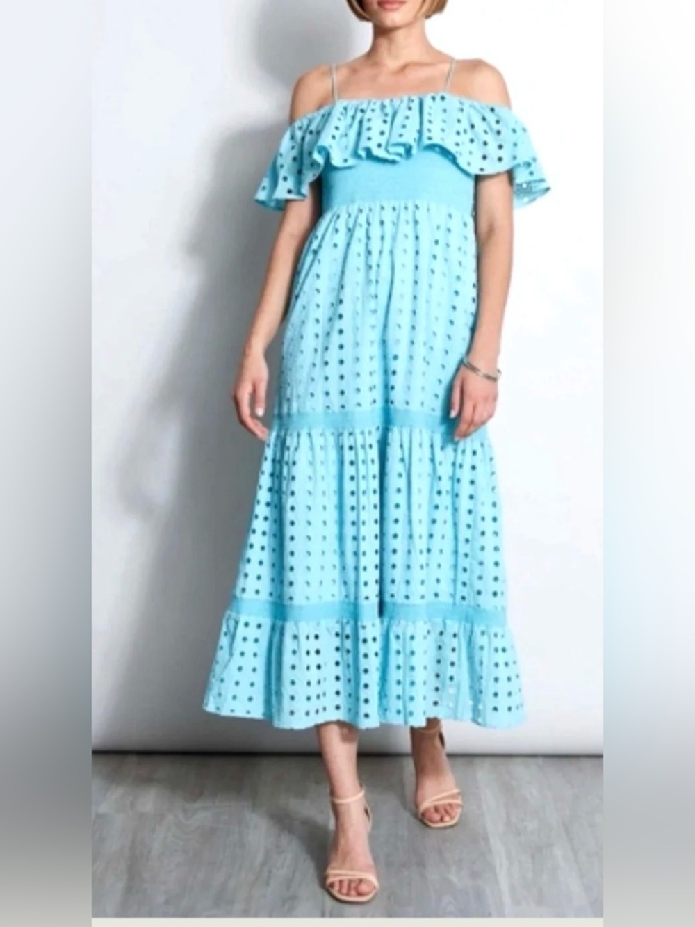 Tahari Sky Blue Off-Shoulder Eyelet Maxi Dress